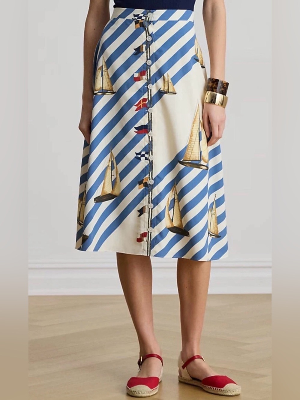 Lauren Ralph Lauren Crepe Stripe Sailboat Sailing Flag Button Front Skirt Sz 6